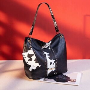 MONTANA WEST Black & White Cow Print Vegan Leather Hobo Bag